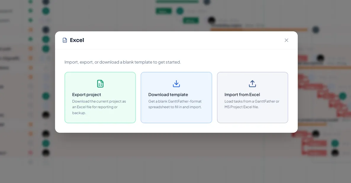 Hoja de cálculo de Excel importándose a un proyecto de GanttFather