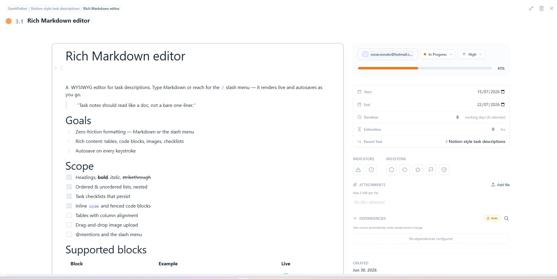 Una descripción de tarea de GanttFather escrita en el editor Markdown estilo Notion